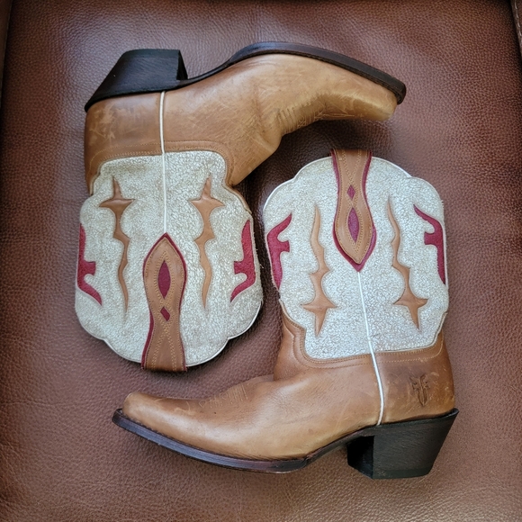 Frye Lilly Tan Brown Leather Cowgirl Western Cowboy Boots, Size 7.5 - Picture 2 of 7